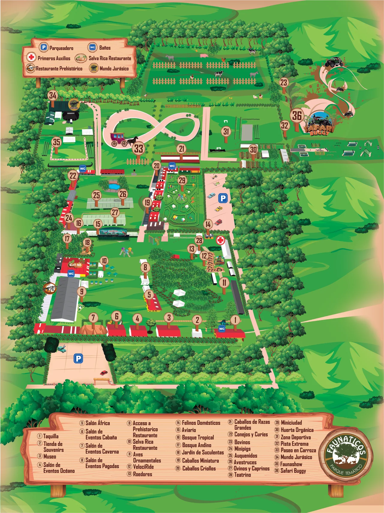Mapa ilustrado de Faunáticos con los 36 puntos del parque, parqueaderos, baños y primeros auxilios